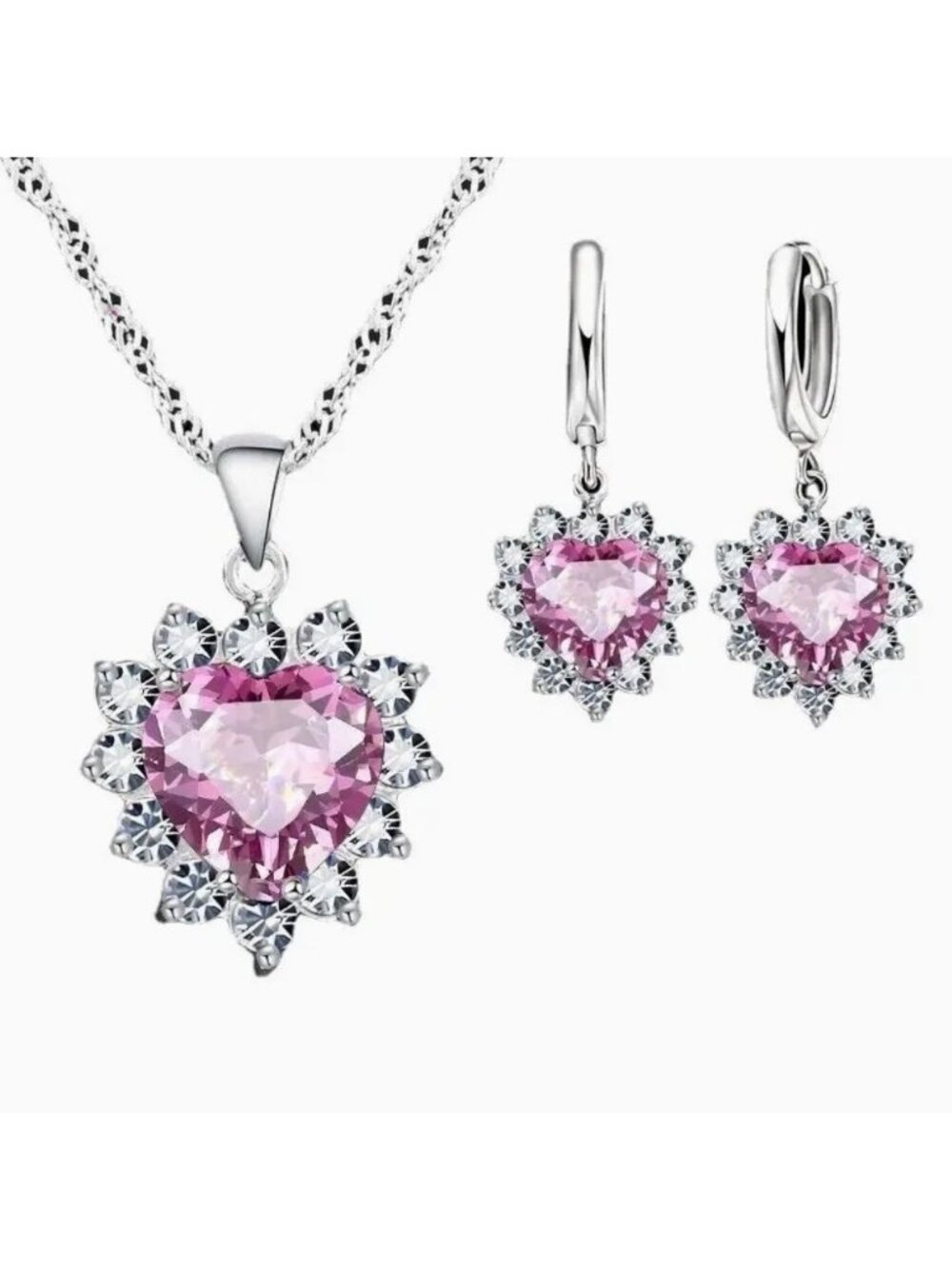 Heart-Shaped Pink Crystal Necklace & Earrings Set Silver Tone
